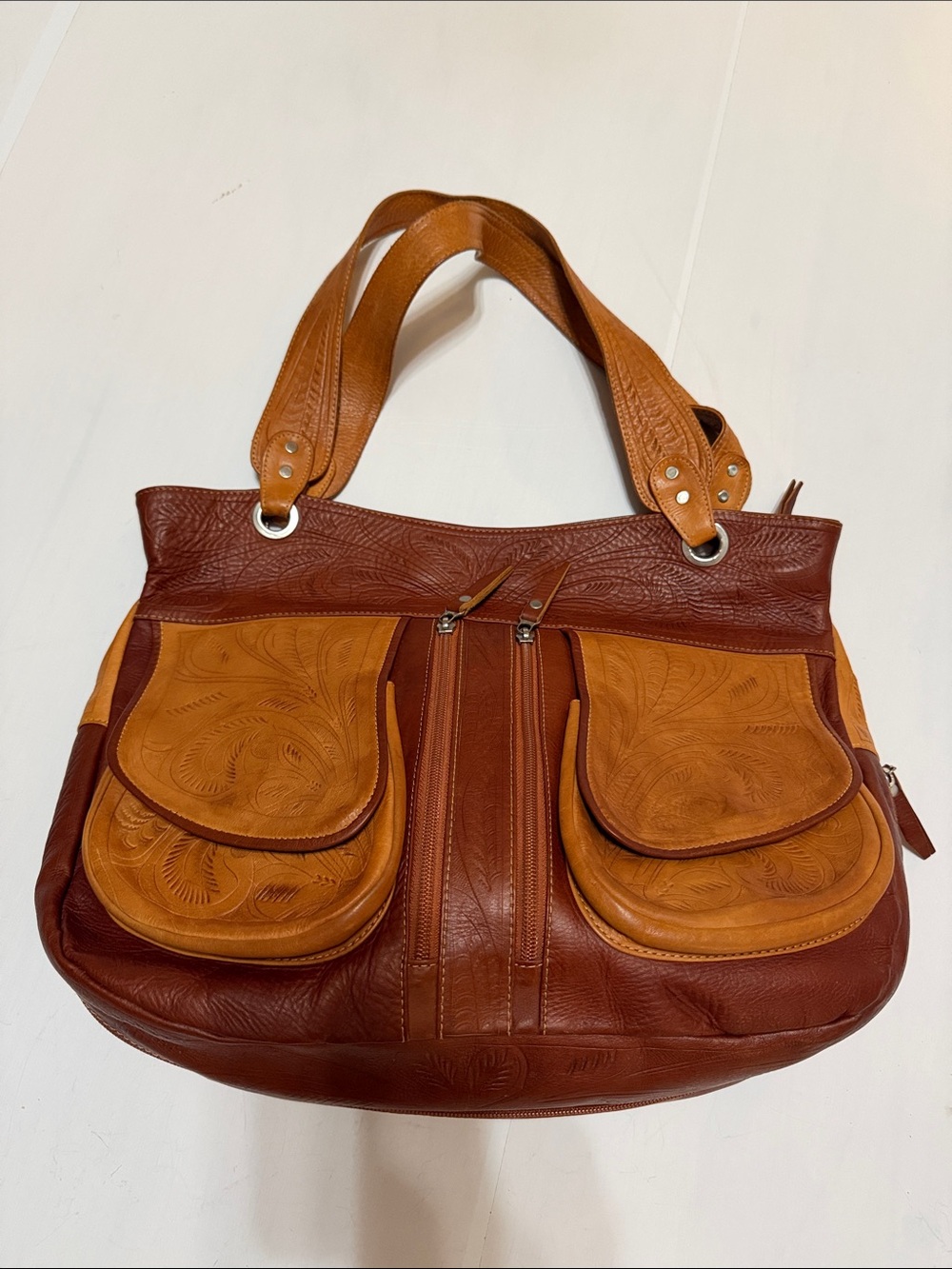 JL Saldivar Handcrafted Tooled Leather Tote Shoulder Bag with Multiple Poket